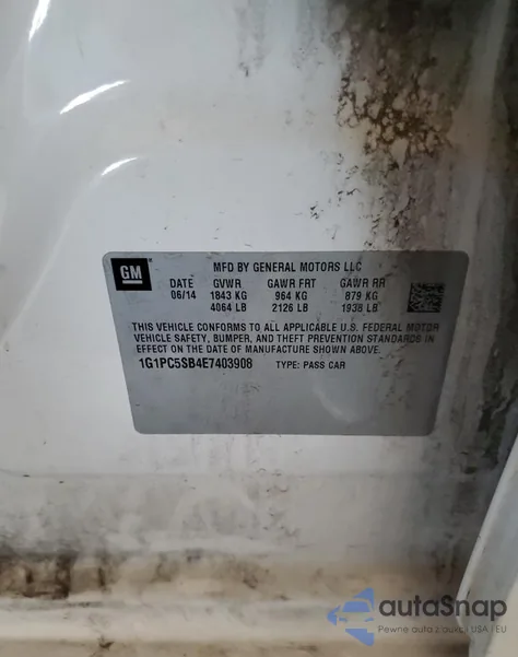 2014 Chevrolet Cruze Lt from USA, damaged, VIN 1G1PC5SB4E7403908